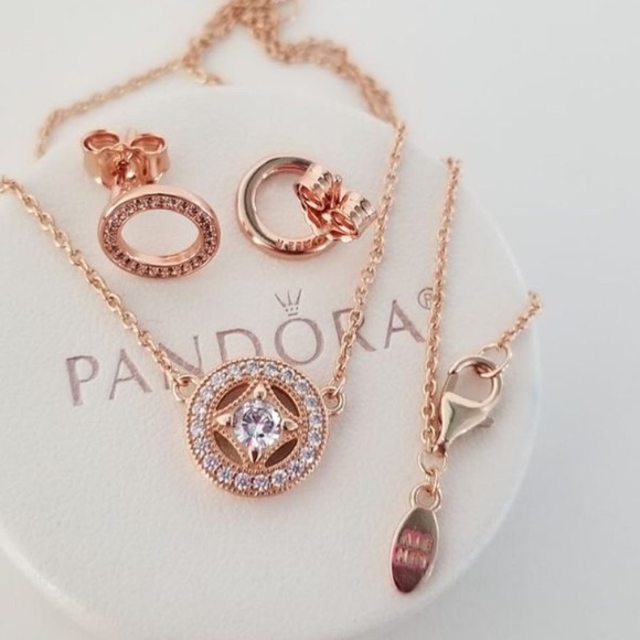 Pandora Rose Gold Earrings Necklace Set 
